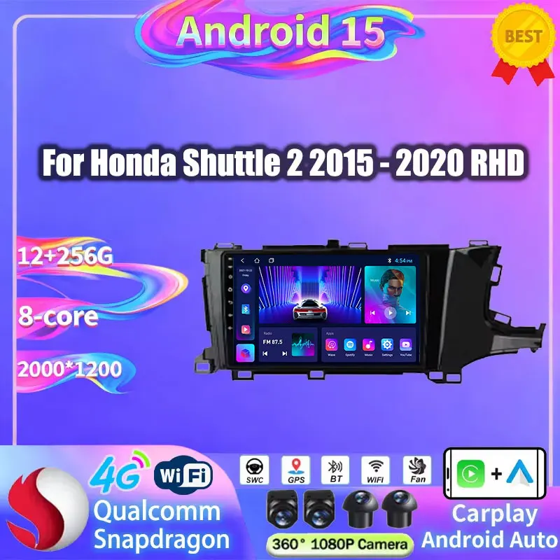 For Honda Shuttle 2 2015 2016 2017 2018 2019 2020 RHD Car Radio Android 15 DSP QLED WIFI GPS 2K Screen 360 Camera 2Din Head Unit
