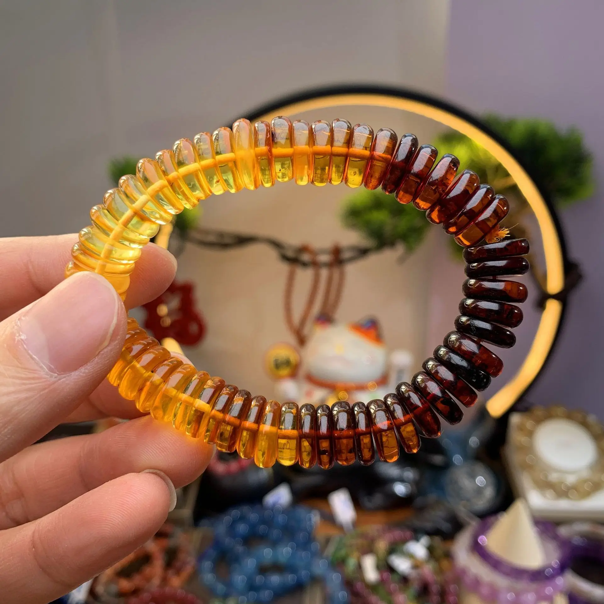 

Natural Yellow Red Amber Abacus Beads Bracelet Women Men Stretch Healing 10mm Crystal Rainbow Amber Bracelet Jewelry AAAAAA