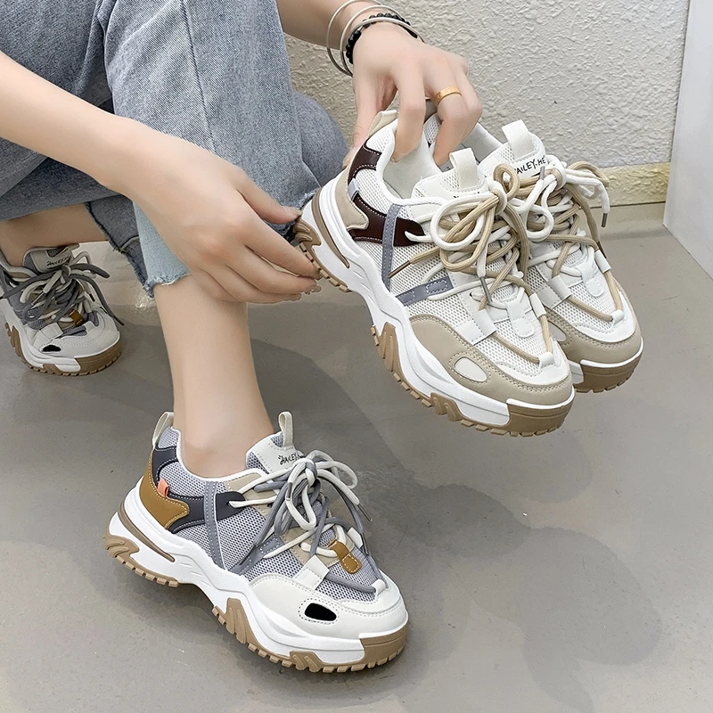 Women's Sneakers Fashion Mesh Chunky Sneakers Casual Shoes Autumn Reflective Comfortable Lace-up Platform Shoes Female Trainers