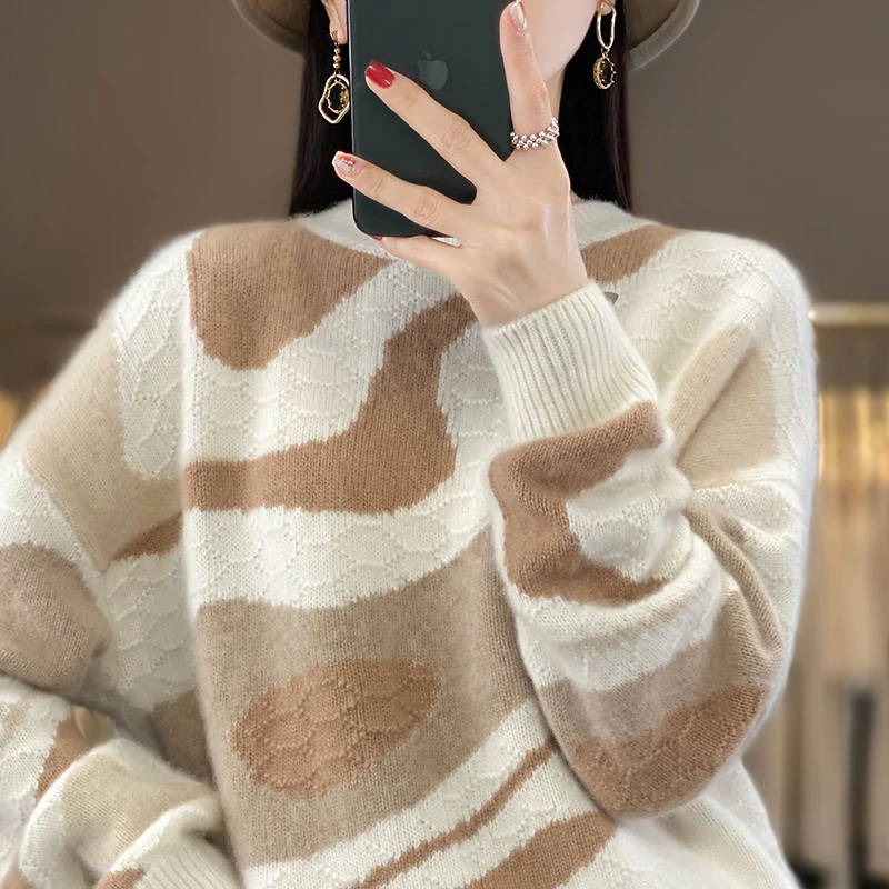 100% Pure Cashmere Sweater Women's Crewneck Thick Matching Color Long-sleeved Knitted Sweater Loose Lazy Wind Wool Base Top