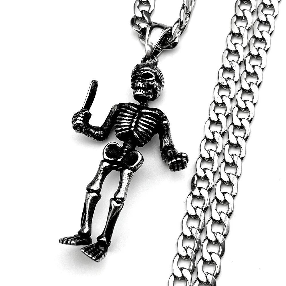 

Punk 316L Vintage Stainless Steel Skeleton With Knife Pendant Necklace For Men Women Silver Color Goth Skull Biker Chain Jewelry