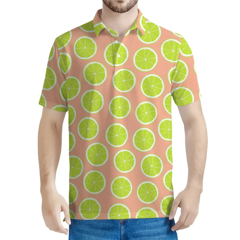 Green Lime Slices Polo Shirt Men 3d Printed Lemon Lapel Tees Women Loose Button Short Sleeves Casual Summer Polo Shirts Tops