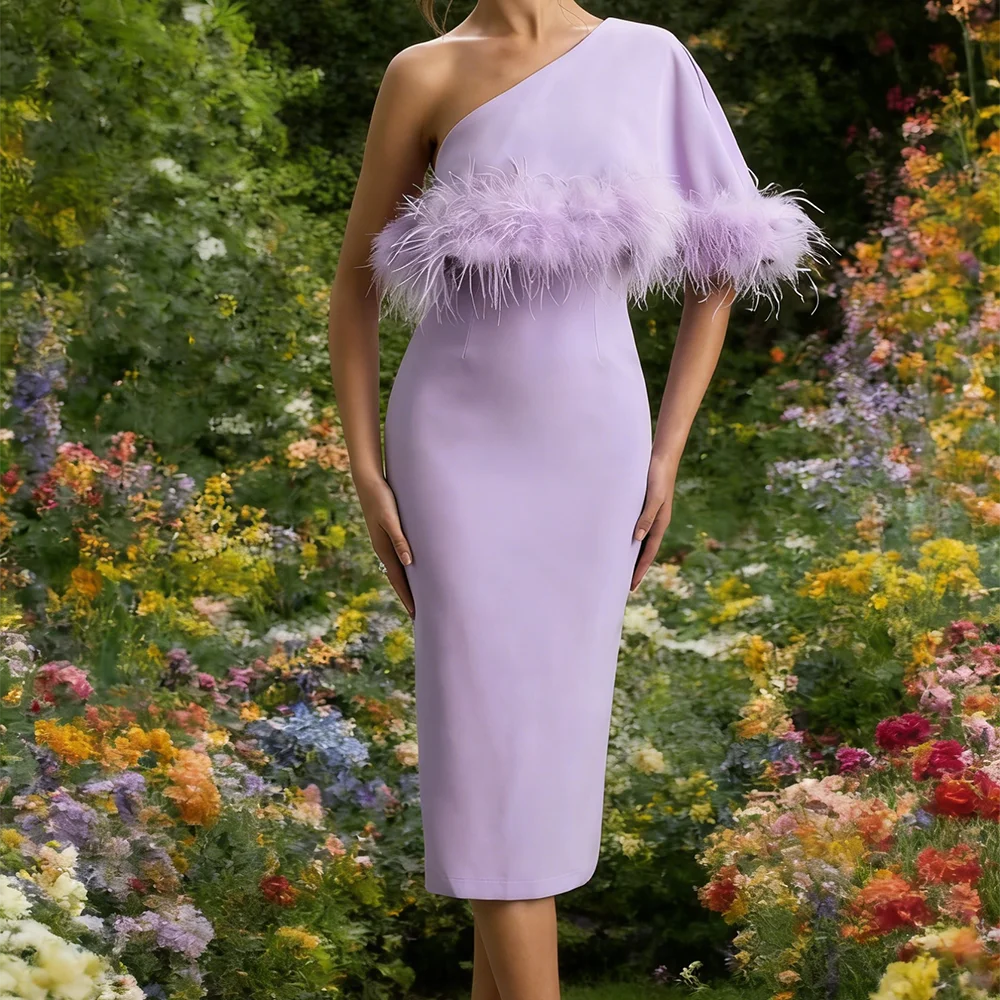 우아한 원숄더 깃털 캡 슬리브 슬림 정장 이브닝 드레스 생일 파티 프롬 가운 맞춤 제작