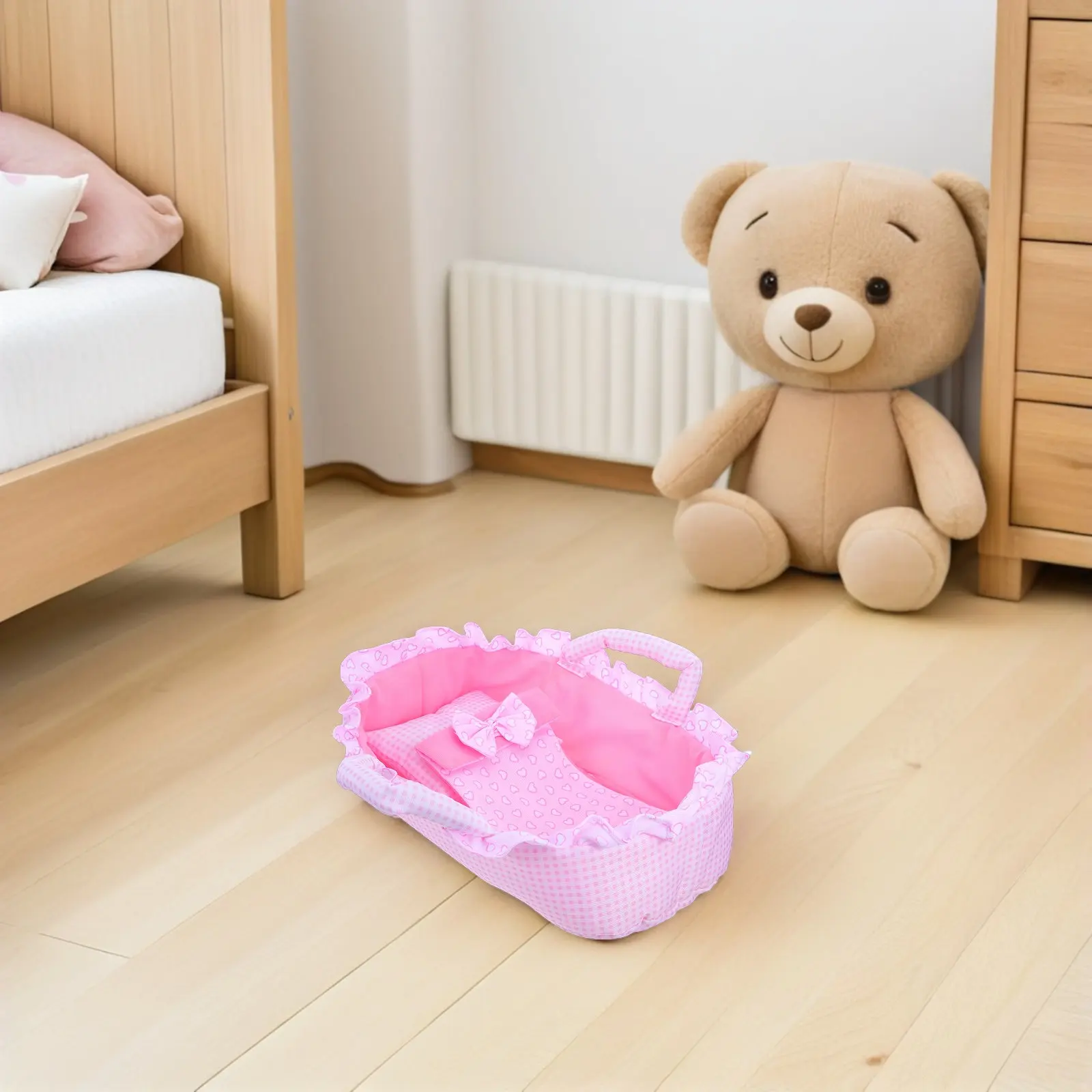 

Baby Cradle Bassinet 35Cm Pink Reborn Handheld Carrier Pillow Blanket Dollhouse Scene Pretend Play Carrying Bed