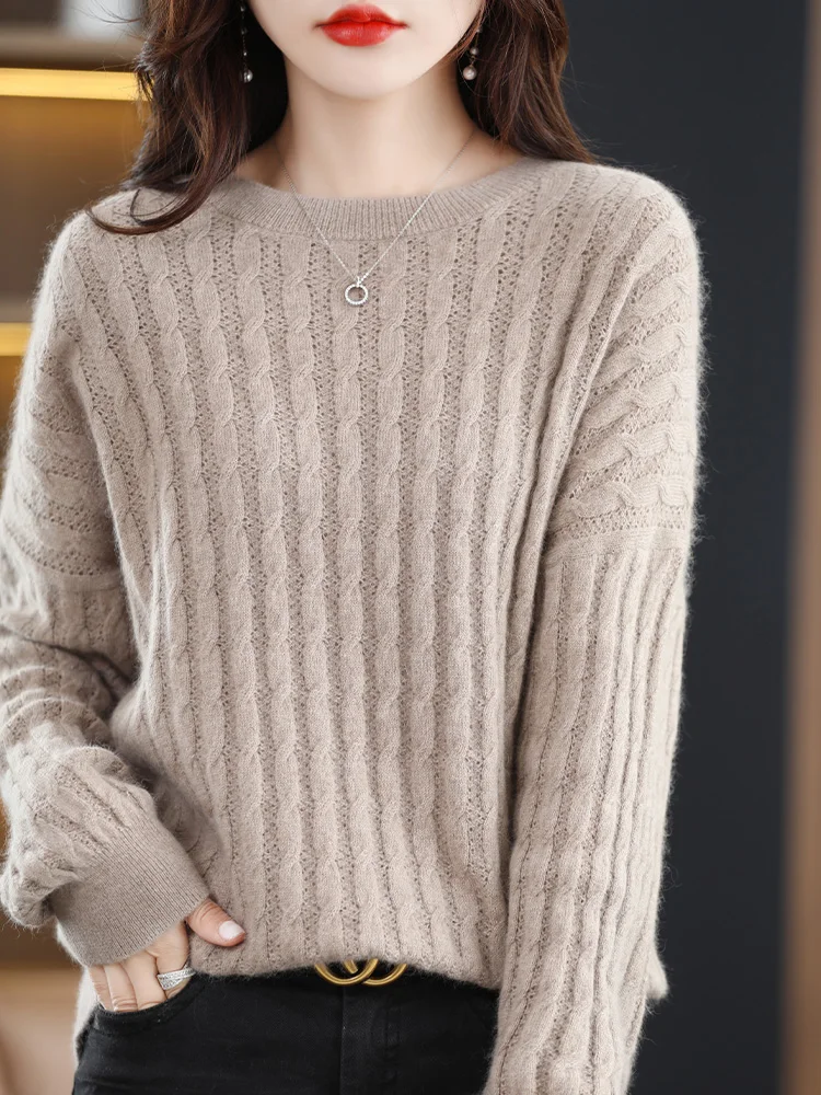 Round Neck Knitted Sweater for Women, Long Sleeved Bottom Top, Autumn and Winter, New, 24