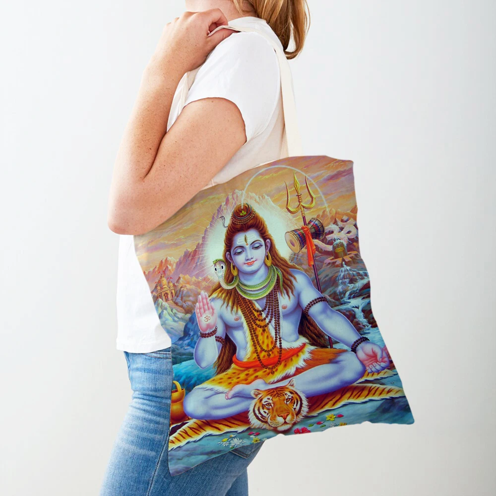 Borse per la spesa da donna casual con cartoni animati della mitologia indiana Entrambi i lati Borsa shopper Shiva Ganesha Borse da viaggio in tela