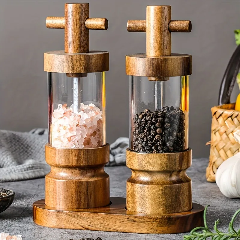 

3pcs Creative Pepper Grinder Acacia Wood & Transparent Acrylic Manual Spice Mill with Salt Spice Mill Kitchen Gadget Tool