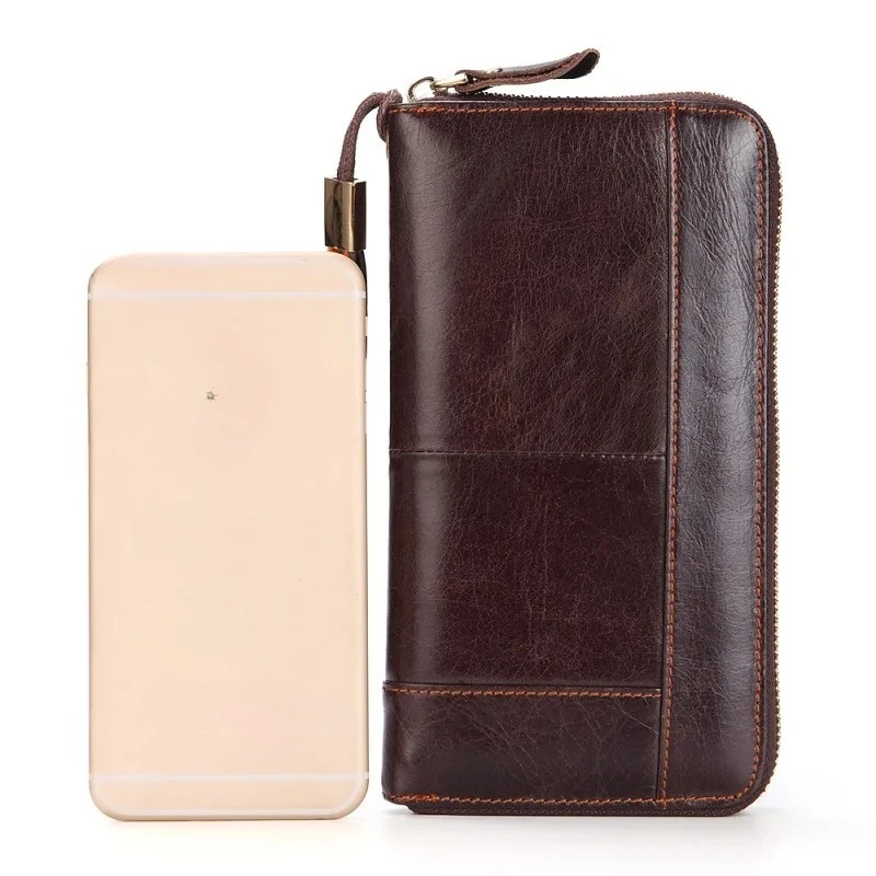 Men's Long Handbag Business Vintage Cow Leather Man Wallet  Brand Long Wallet For Man And Woman Oil Wax Zipper Bag Male Purse