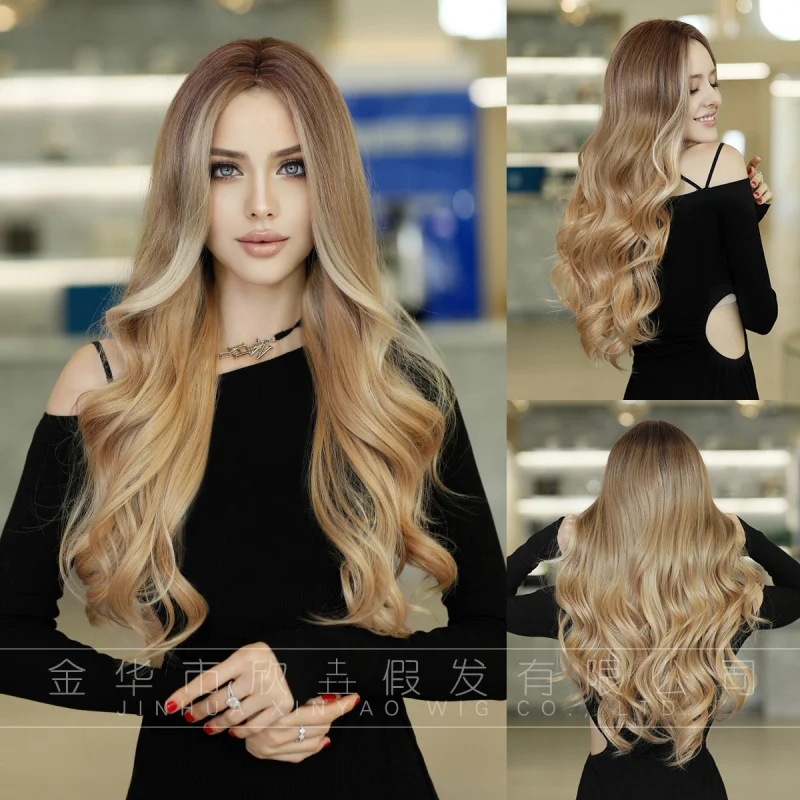 

European and American women's with gradient golden-brown long curly hair, middle parting, fashionable Ombre Blonde Wigs