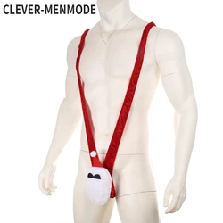 CLEVER-MENMODE Men Sexy One-piece Lingerie Underwear Thong Fluff Penis Pouch Mankini Santa Christmas Costume Erotic Bodysuit