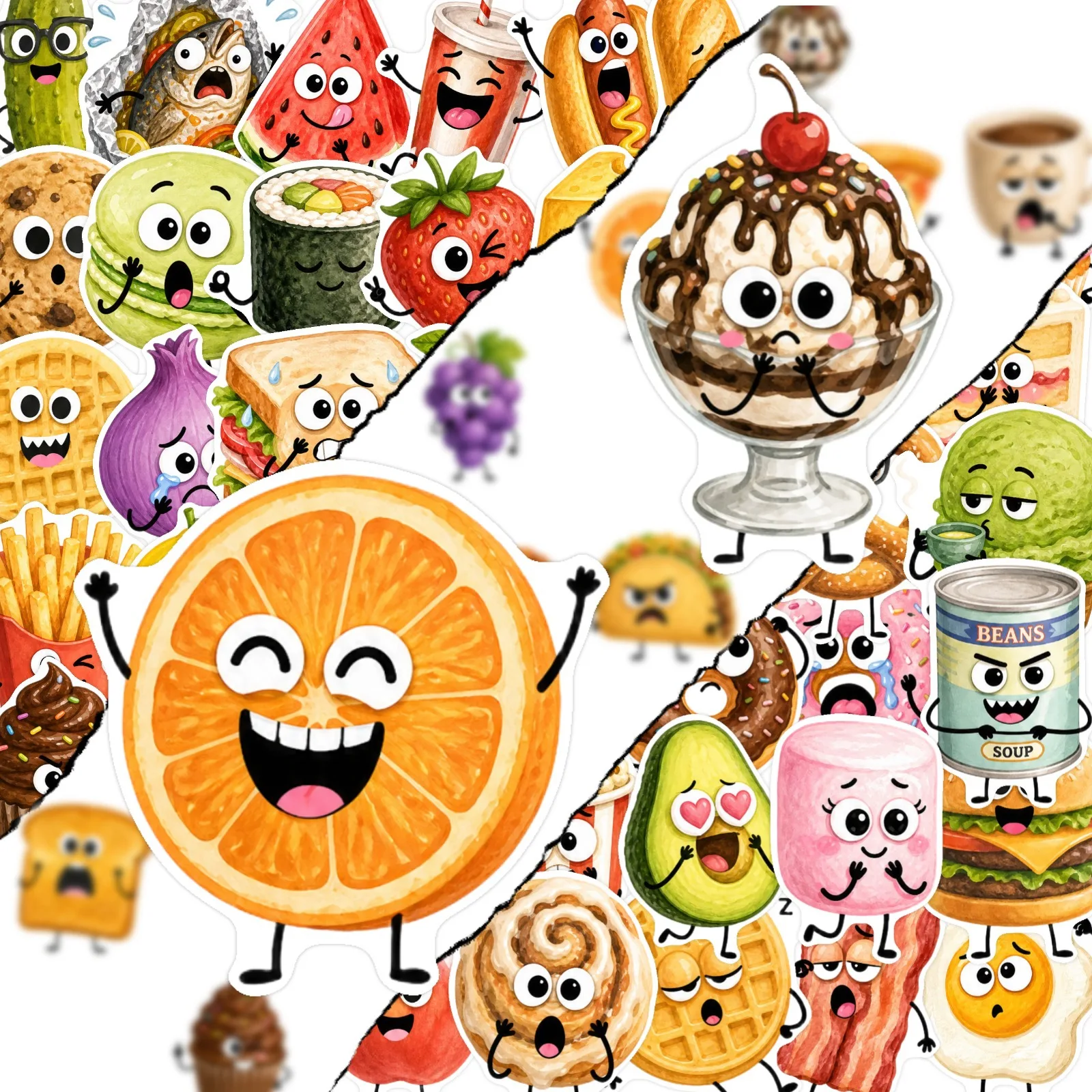50 PCS Cartoon Food Personified Expression Cute Creative Student Stickers Fridge Scrapbook Lunch Box Waterproof Decorate Decals