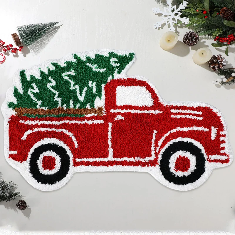 VIKAMA Christmas Red Truck Tree Irregular Rug Soft Washable Floor Mat for Living Room Indoor Xmas Home Decoration