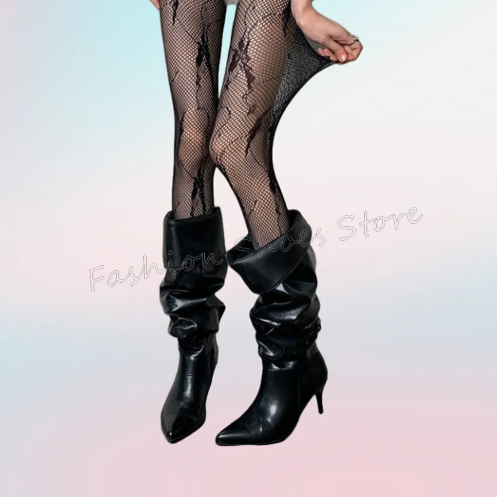 

Black Pointed Toe Pleated Boots Matte Leather Stilettos High Heels High Heel Shoes for Women Heels 2025 New Zapatos Para Mujere