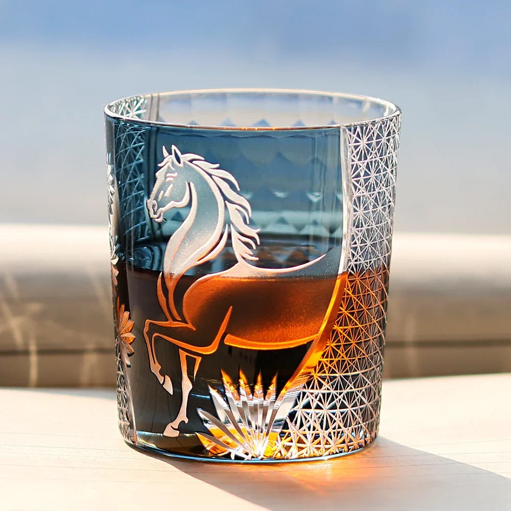 Edo Kiriko Japanese Crystal Whisky Glass - Hand Cut Horse Pattern for New Year 2026, Traditional Old Fashioned Tumbler 3