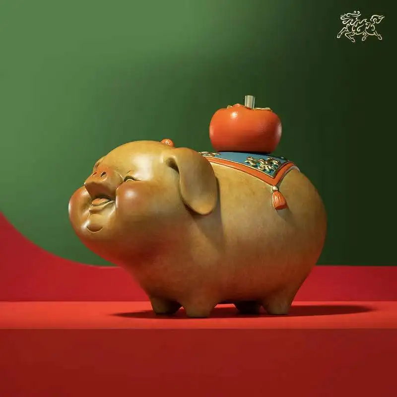 2023  Good omens luck PIG persimmon Mascot ZHU SHI DAJI bronze sculpture Home hall company TOP Decorative ornament