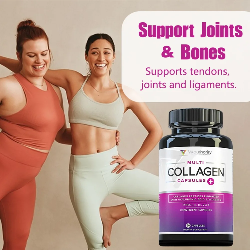 Multi Collagen with Hyaluronic Acid & Vitamin C: 5 Type Hydrolyzed Collagen Protein Peptides, Types I II III V X, 90 Capsules