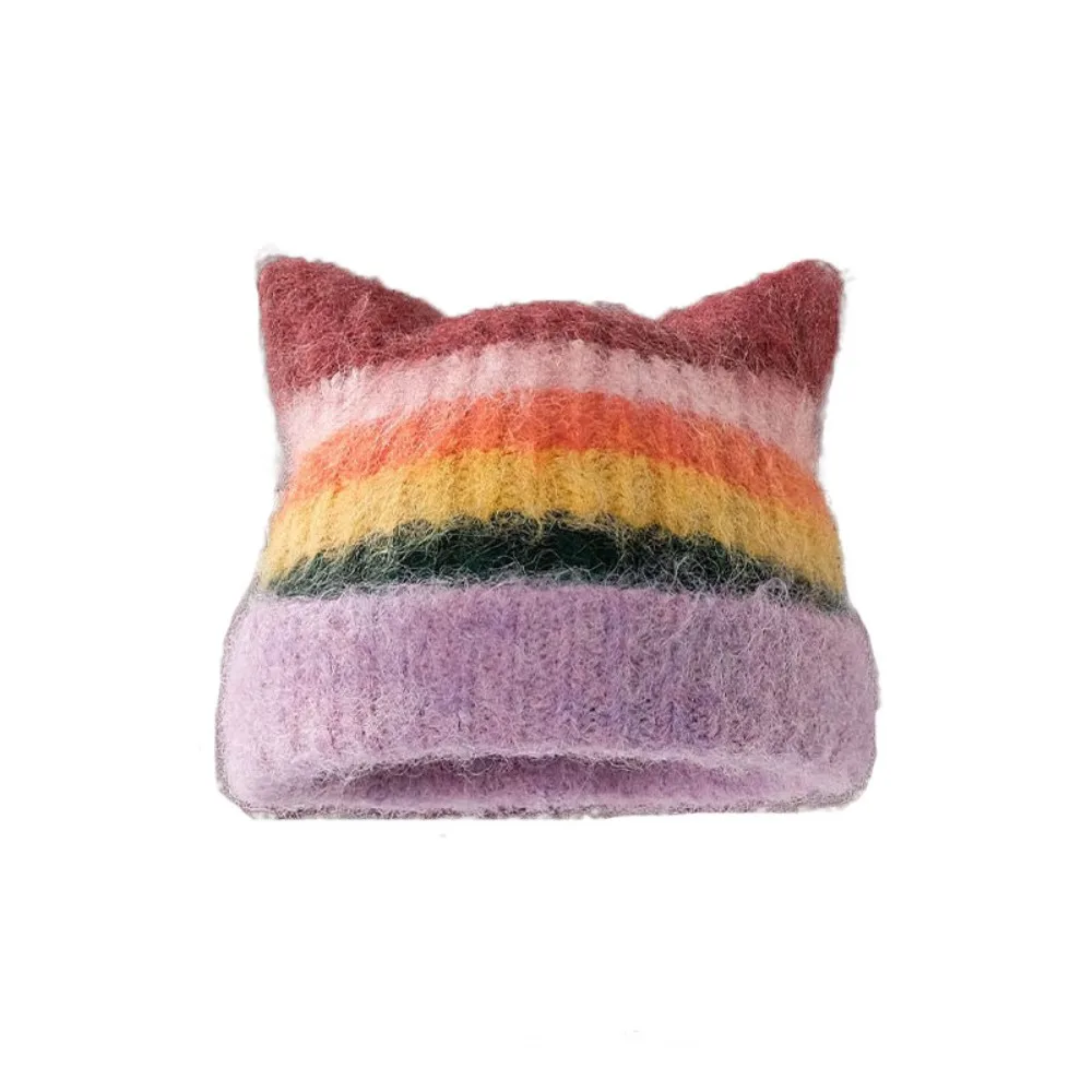 

Casual Colored Cat Ears Pullover Hat Gradient Rainbow Woolen Knitted Hat Warm Ear Protection Striped Bucket Hat Girls