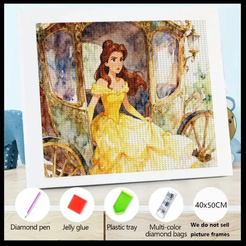 

1PC 5D DIY Full Drill Diamond Painting Kit, Elegant Disney Princess Belle in Golden Carriage Rhinestone Art, Beauty and the Beas