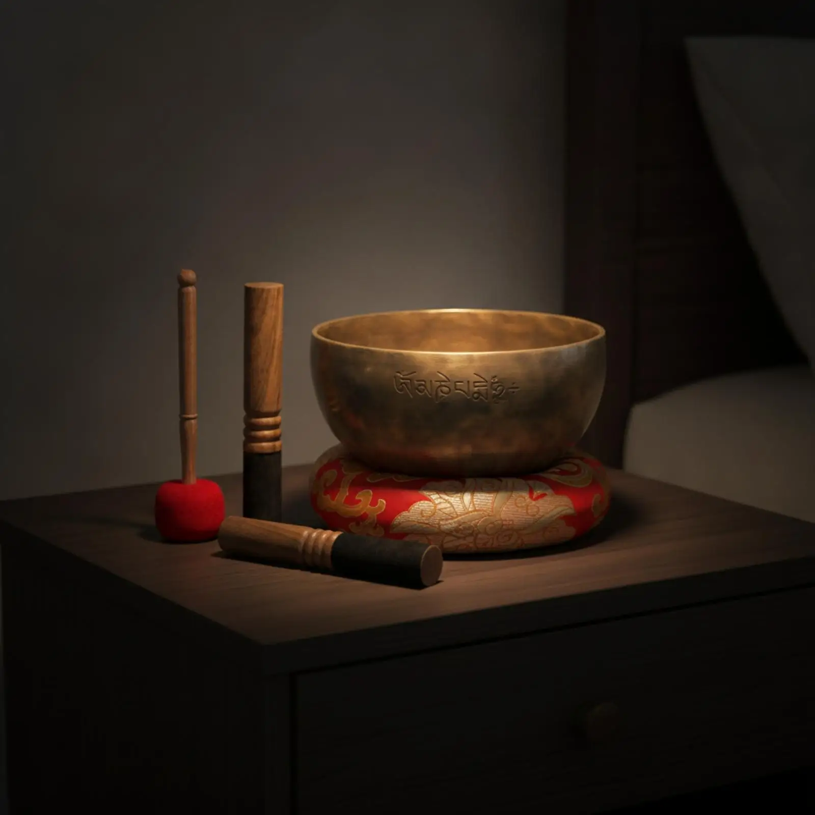 Traditional Engraved Meditation Bowl with Felt Mallet for Yoga Mindfulness and Spiritual Healing Rituals