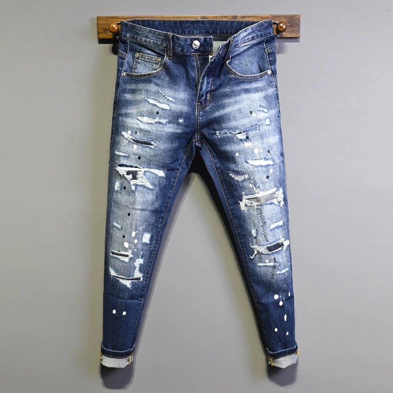 

Street Designer Fashion Men Jeans Retro Blue Stretch Slim Fit Painted Patched Ripped Jeans Men Summer Y2K Vintage Denim Pants