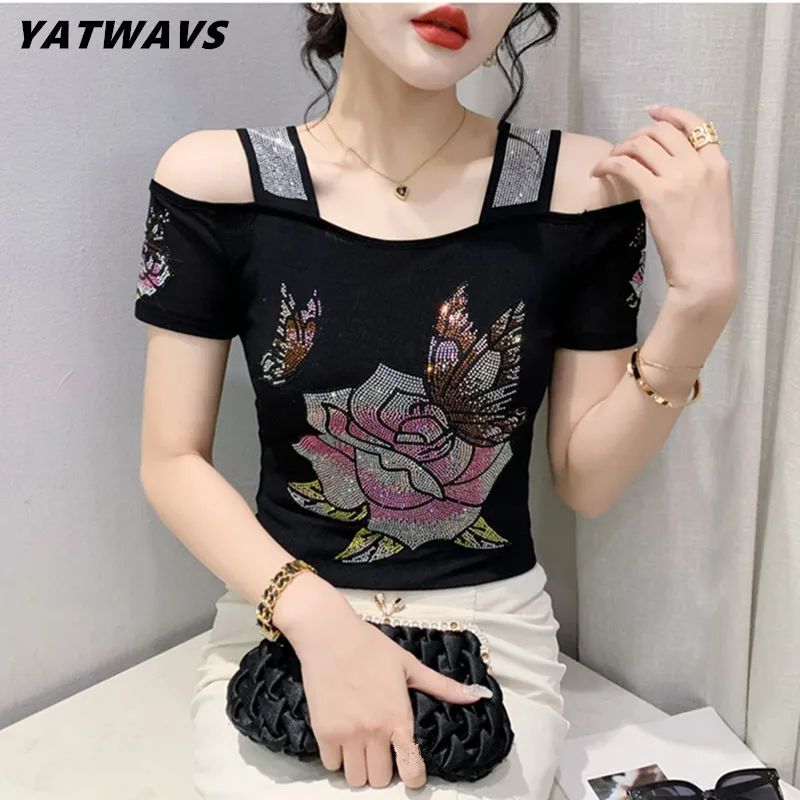 M-3XL New Summer Fashion European Clothes Girl T-Shirt Sexy Off Shoulder Shiny Diamonds Women Mesh Tops All Match Tees Blouse