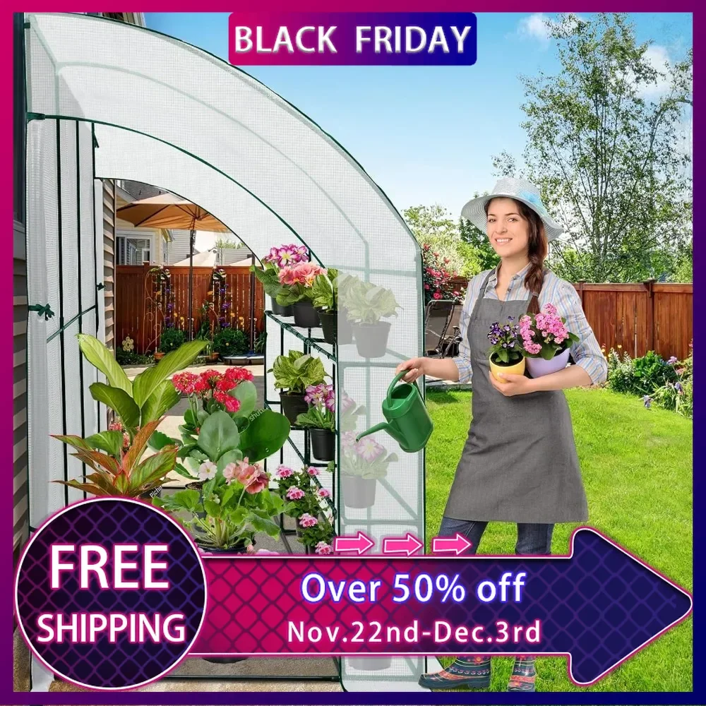 

Lean to 3 Tier Greenhouse with Wire Shelves,Portable Indoor & Outdoor Garden Green House with 2 Roll-Up Zipper Doors120"x60"x84"