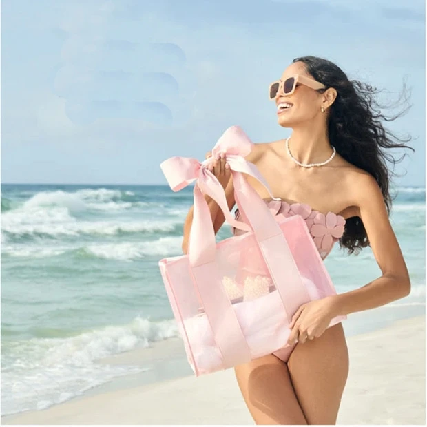 Large Capacity Waterproof Transparent Mesh Beach Bag Women's Swimming Bag Single Shoulder Bag Handbag  Knot Sweet Lady