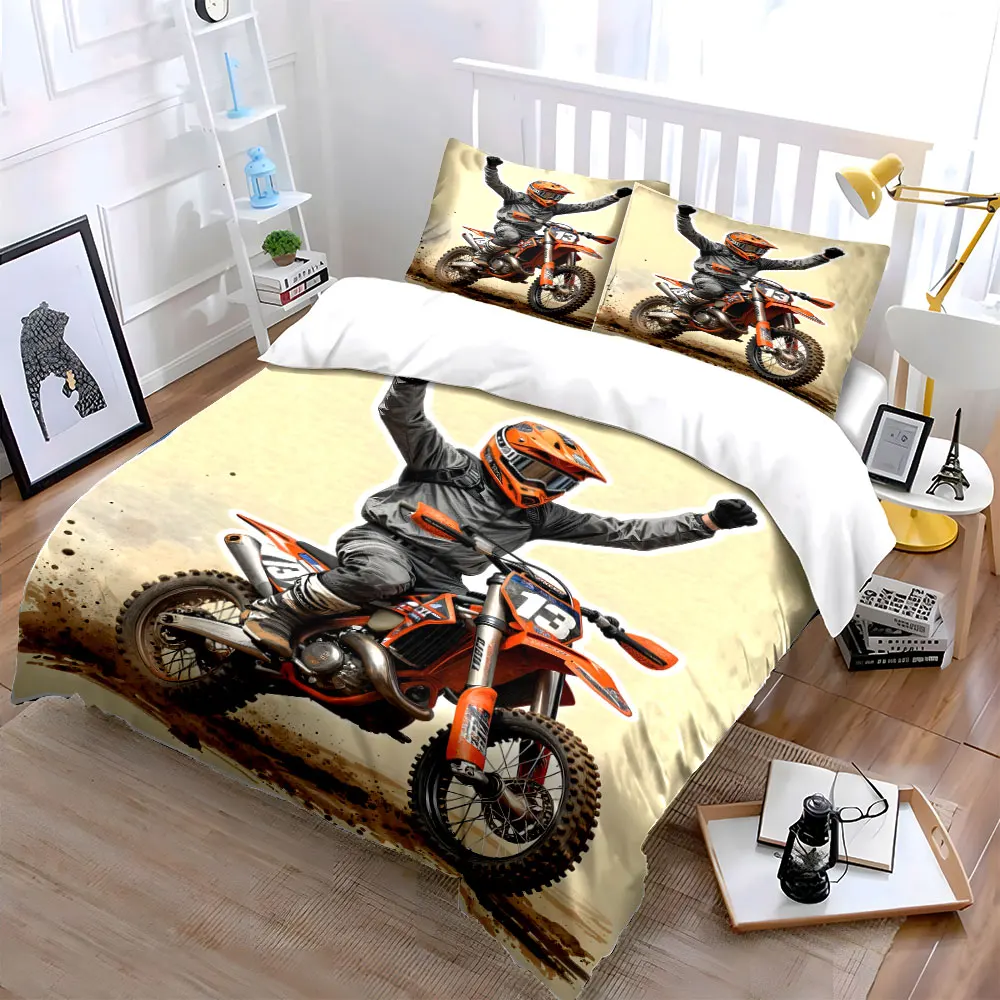 Extreme sports Dirt Bike Victory Ride Print Bedding Set 1 Duvet Cover 2 Pillowcases for Adult and Children Luxury Gift Full Size