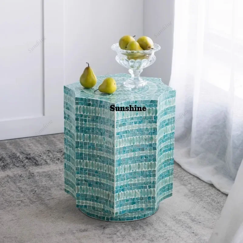 YHigh-end Light Luxury Handmade Collage Shell Small Coffee Side Table Sofa Side Table Living Room Bedside Table Ornaments