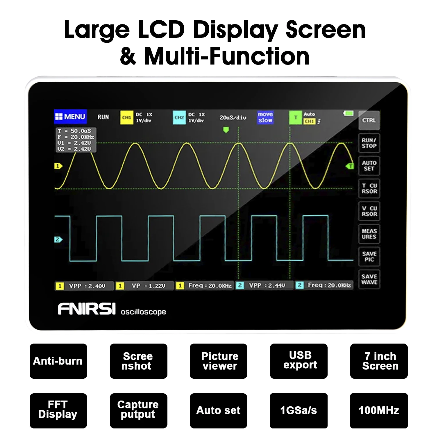 FNIRSI 1013D Plus Oscilloscope - Portable Handheld Tablet Oscilloscope with 100X High Voltage Probe, 2 Channels 100Mhz Bandwidth