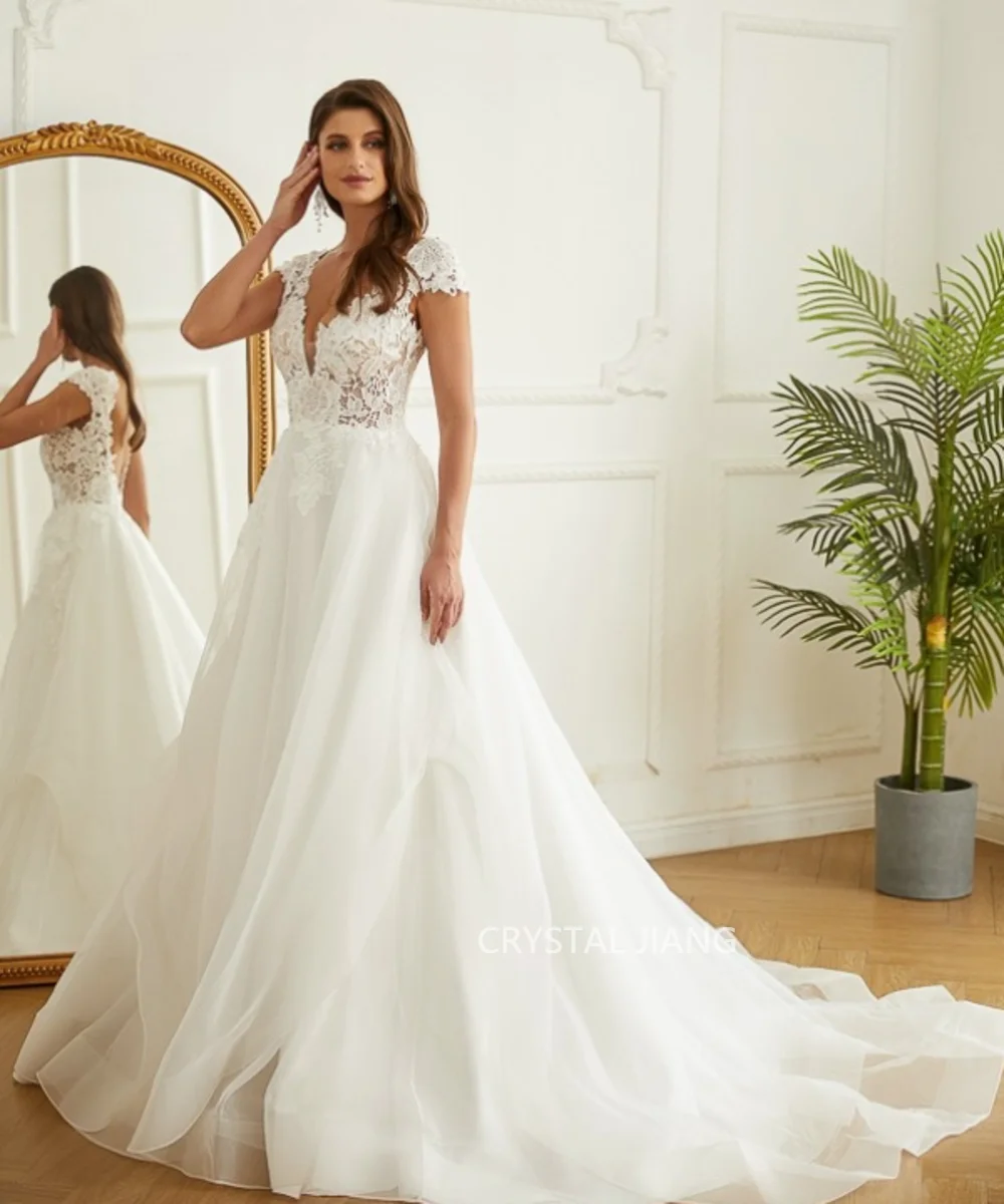 Vestidos de casamento longos em V para mulheres, organza, sem mangas, sem encosto, linha A, trem tribunal, feito sob encomenda