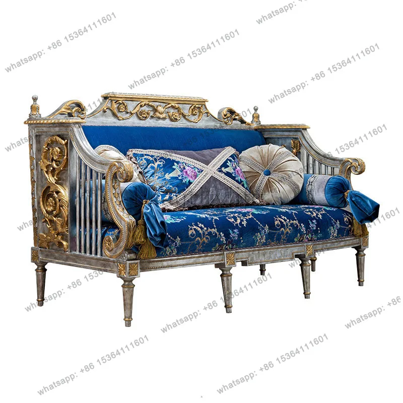 Court French 123 Kombinationssofa mit Schnitzereien, klassische europäische Sofa-Kombination aus Massivholz und Stoff