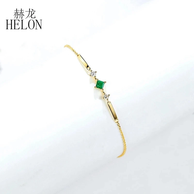 HELON Solid 18K Yellow Gold Princess Natural Emerald Diamond Bracelet For Women Diamonds Chain Bracelet Christmas Jewelry Gift