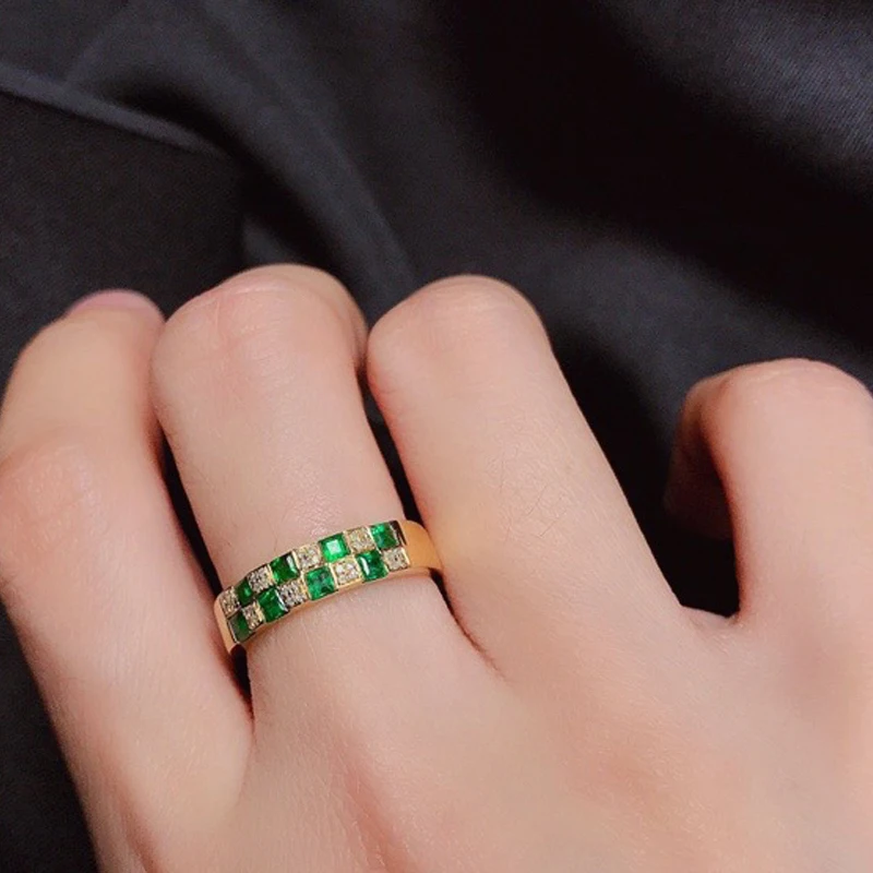 Aazuo High Quality Jewelry 18K Pure Yellow Gold Natural Emerald Square Lines Rings Gifted For Women&Man Engagement Party  Au750