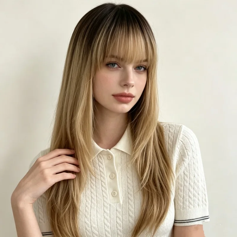 Brown Gradient Air Bangs Long Straight Hair Women'S Wig Outdoor Travel Simulation Matte Silk Head-Wearing Synthetic Wig