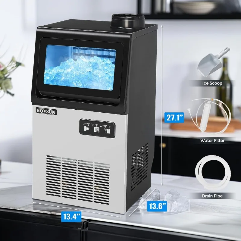 ROVSUN 90LBS/24H Ice Maker Machine with 2 Water Inlets,Freestanding & Countertop Ice Machine with 11lbs Storage Bin,Water Filter