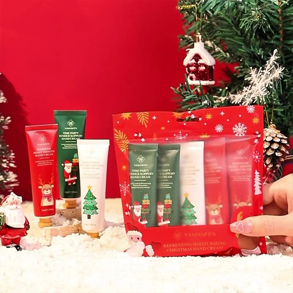 Regalo de Navidad, juego de crema de manos de 5/bolsa, textura de crema, paquete de viaje hidratante, hidratante duradero, regalo suave para la piel de las manos para mujeres