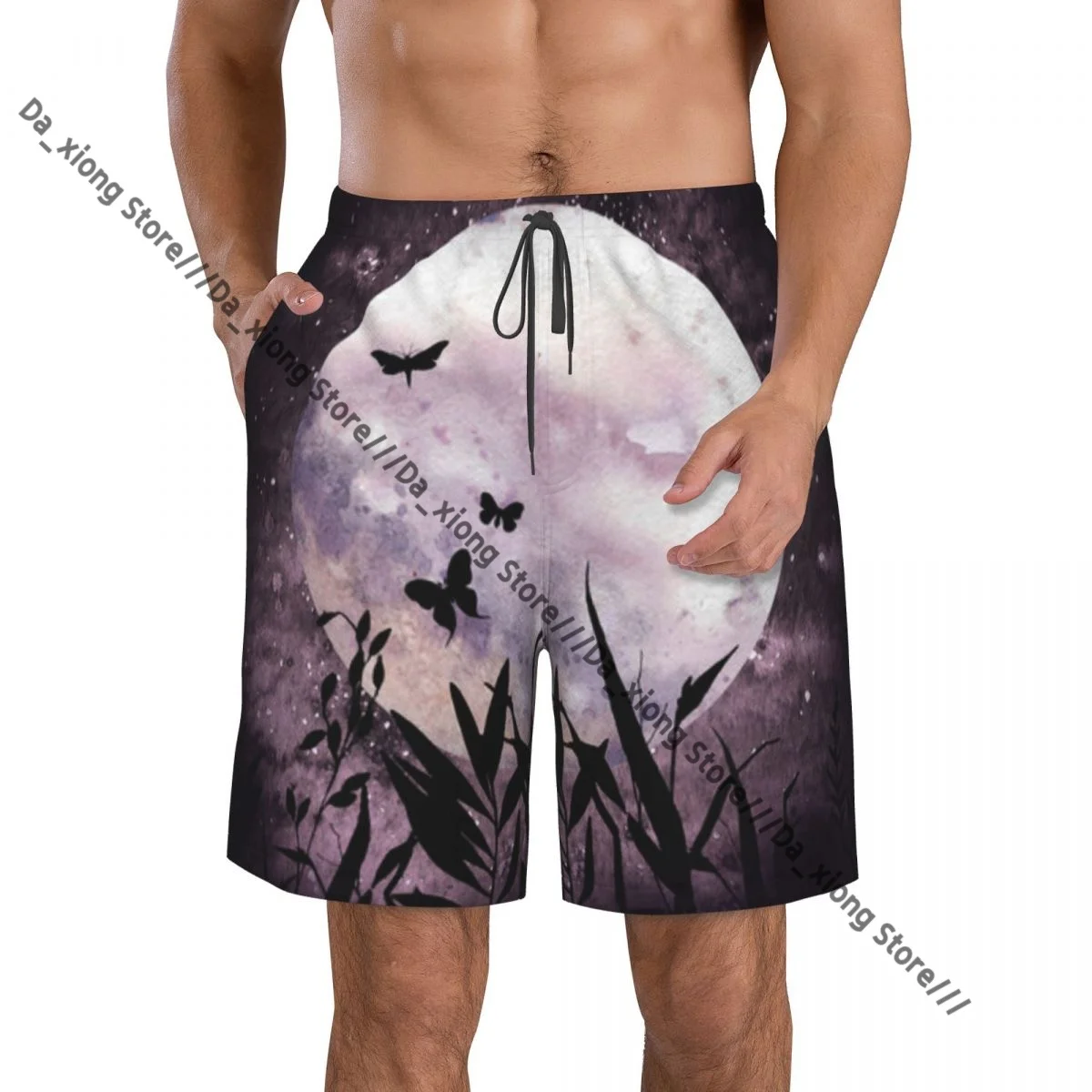 Mens Swimwear Swim Short Trunk Night Landscape With Full Moon Grass Butterflies Beach Board Shorts Swimming Surffing shorts