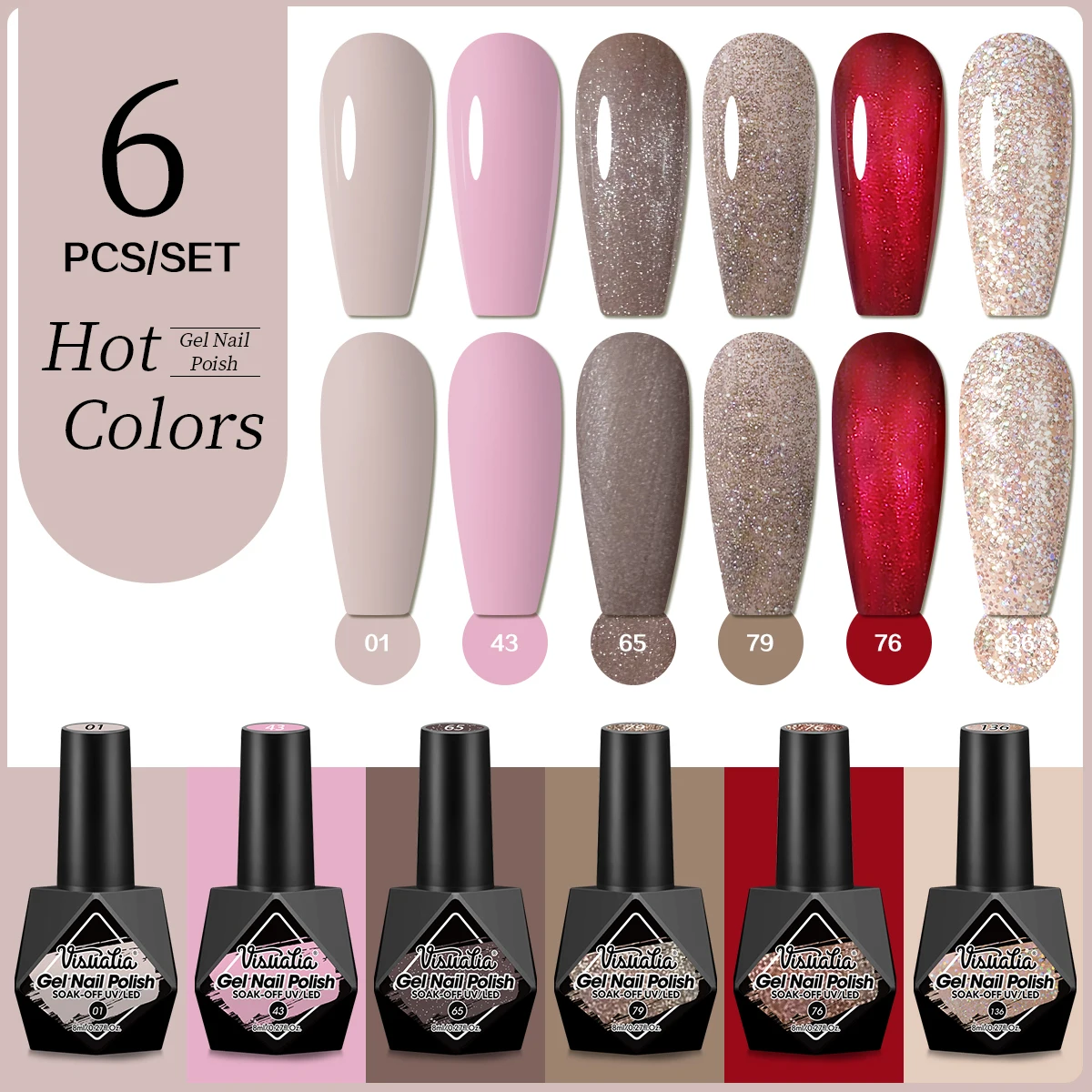 

6 шт. глянцевый круглый гипоаллергенный цветной гель-лак для ногтей с геометрическим узором, долговечный УФ-светодиод, без вкуса, коричневый, красный, розовый мульт