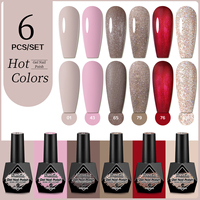 6pcs Geometric Pattern Glossy Round Hypoallergenic Color Gel Nail Polish Set, Long Lasting UV LED, No Taste, Brown Red Pink Mult
