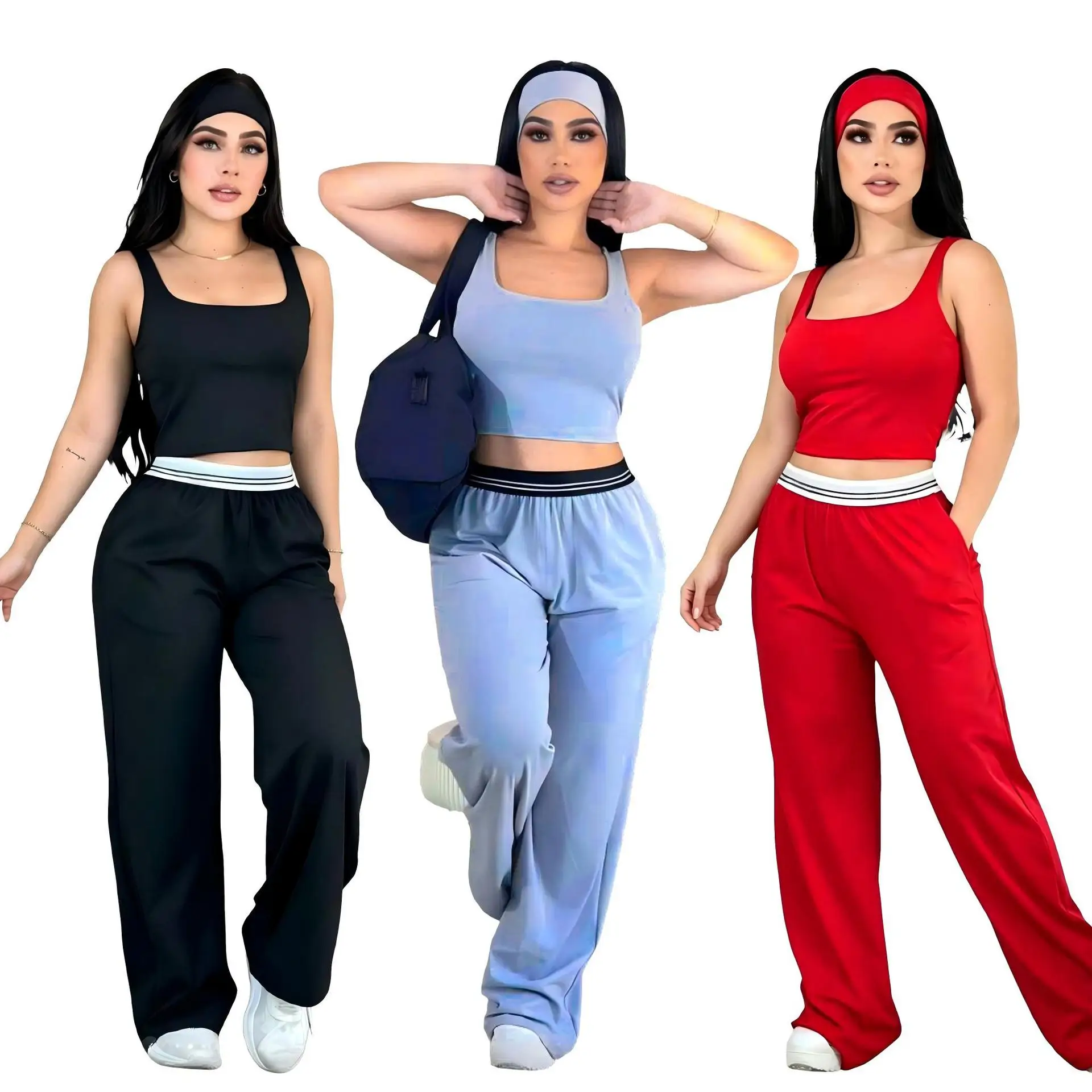 Q6390 Elastic-fitted short-sleeved tank top with high-waisted wide-leg pants, yoga and fitness workout set