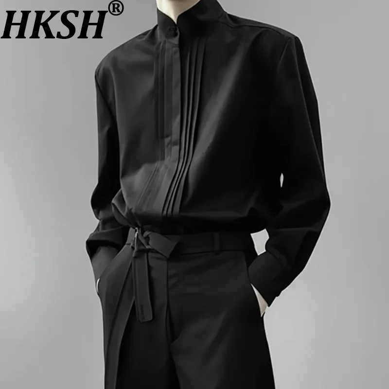 HKSH Spring Autumn New Men High-End Pleated Patchwork Mandarin Collar Long Sleeve Shirt Elegant Fashion Niche Design Top HK16522