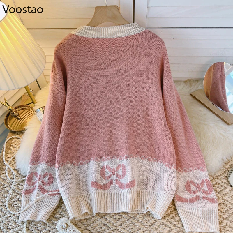 Sweet Lolita Aardbei Konijn Gebreide Truien Vrouwen Harajuku Leuke Cartoon Bunny Losse Jk Trui Girly Casual Truien Tops