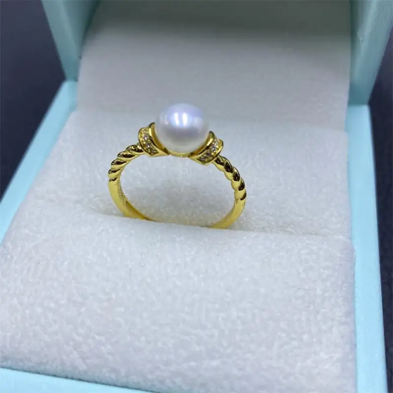 Natural Pearl 925 Silver Fried Dough Twists 8-9mm Pearl Ring, Exquisite and Makes Hands Appear White, Adjustable Size