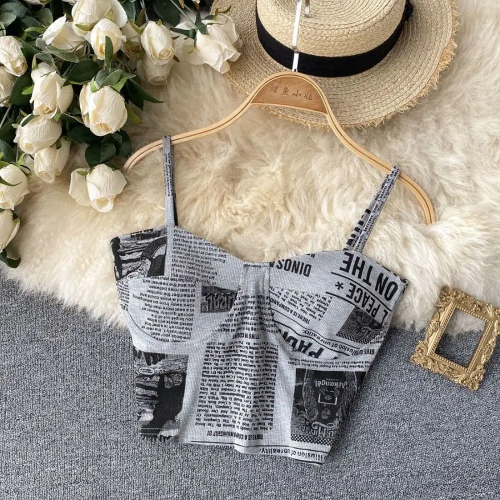 

New Printed Newspaper Sleeveless Tops Ice Ribbon Creative Camisole with Chest Pad Tank Top Summer