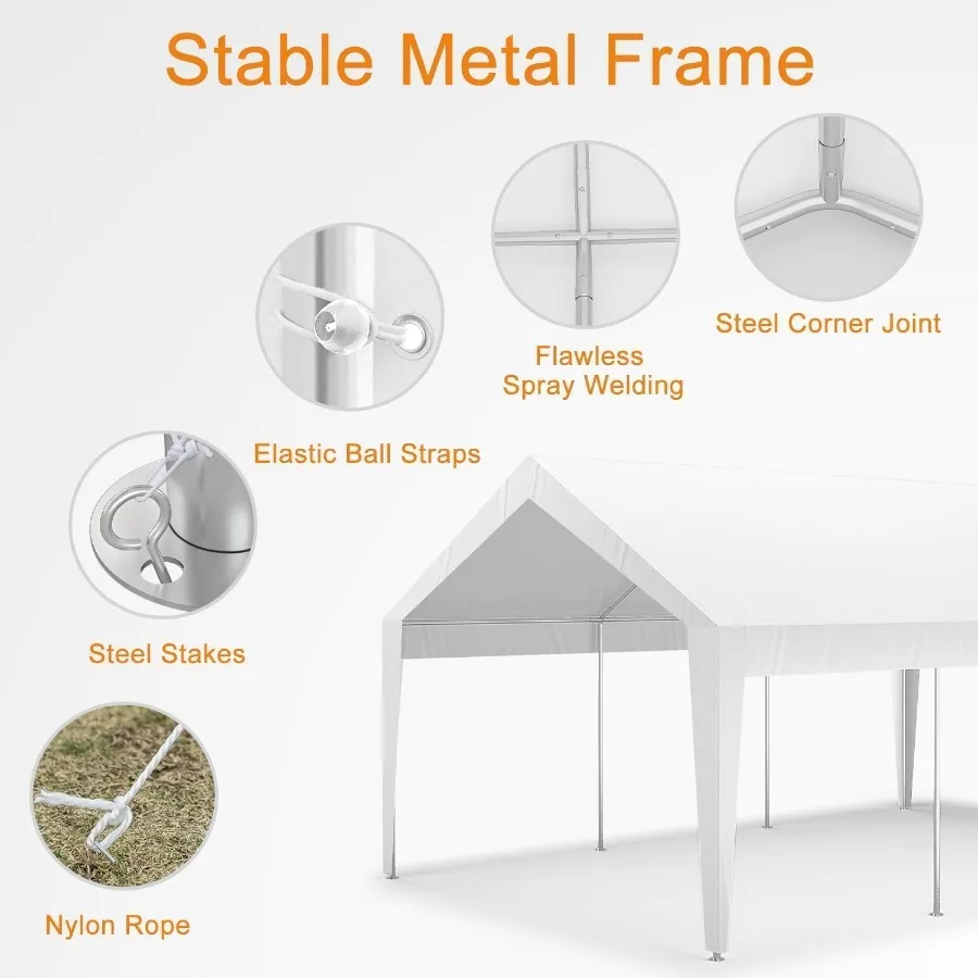Heavy Duty Carport Garage For Outdoor Use, Steel Frame With Black Tarp, All-Season Weather Resistance And Reinforced 8-Leg Stab