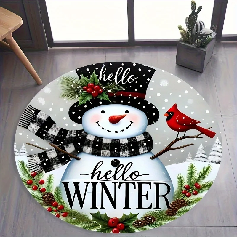 Hello Winter Snowman Round Carpet Grey Snow Scene Plaid Scarf Snowman Red Cardinal Bird Pine Berry Print Winter Welcome Rug