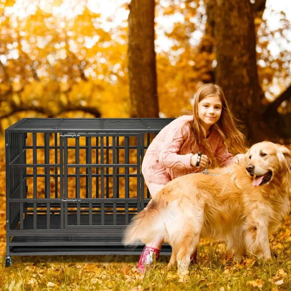 

Enhanced heavy-duty dog cage with sturdy metal frame, double doors, and lockable wheels, suitable for ultra large dog breeds