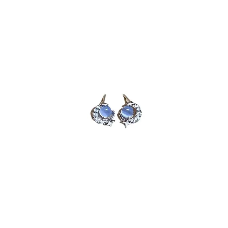 Korean Simple Blue Opal Star Moon Stud Earrings for Women Exquisite Zircon Cross Planet Round Earrings Aesthetic Jewelry Gifts