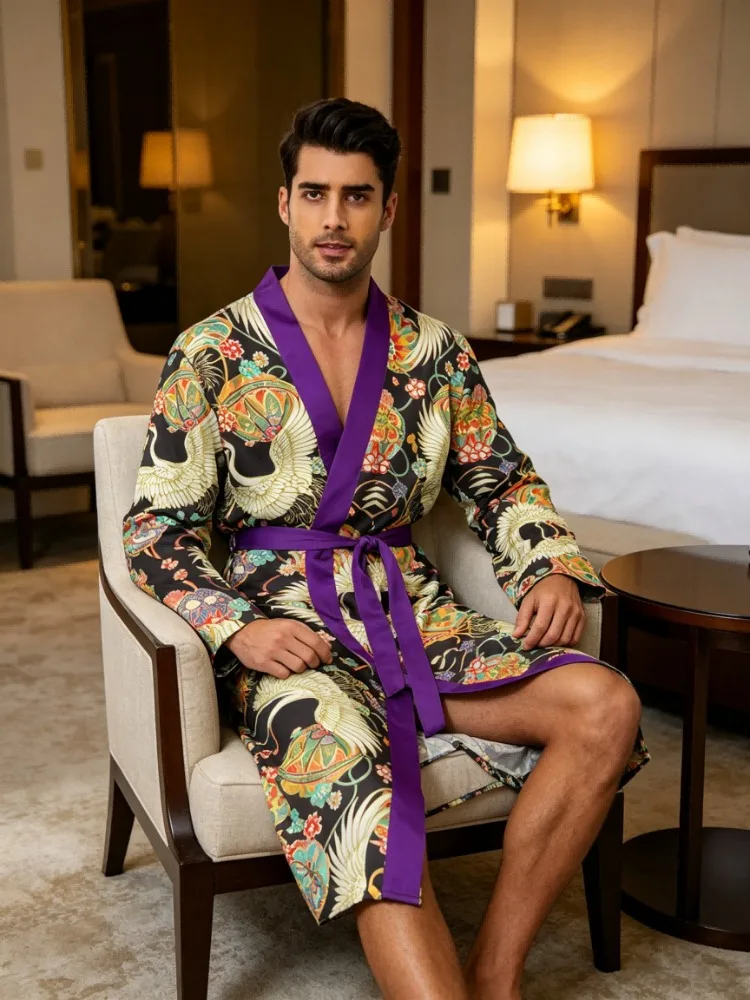 Men's lightweight quick-drying pajama bathrobe - 3D digital printing, non-fading design, stand-up collar and adjustable waistban